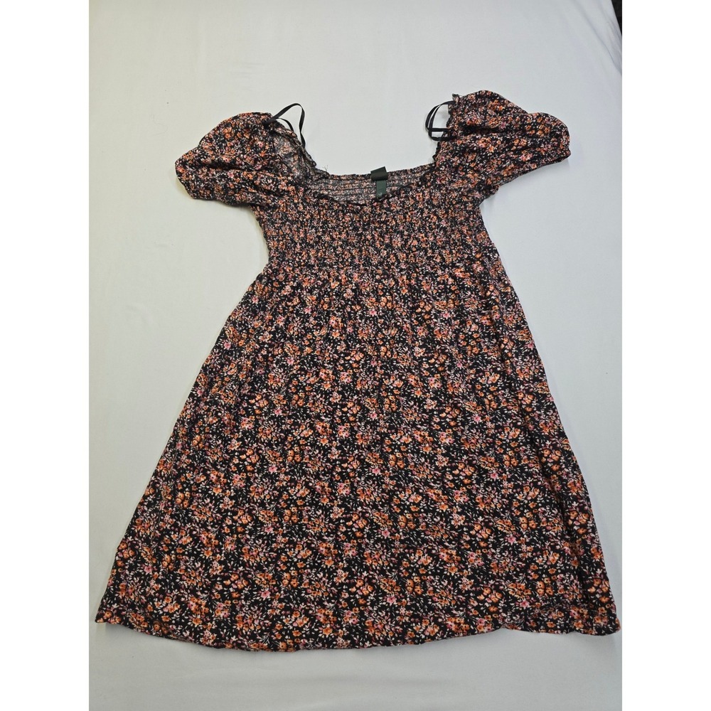 Wild Fable Floral Smocked Mini Dress Black Orange Pink Rayon Puff Sleeve WomensM